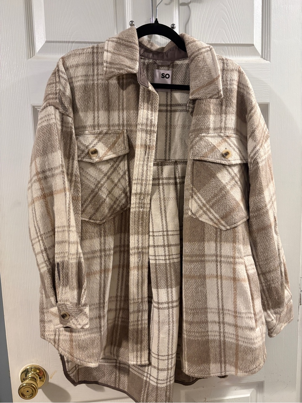 SO women’s Plaid Shacket Jacket in Beige and Cream Tones